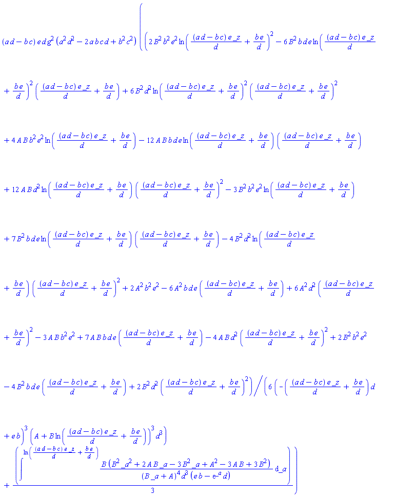 (a*d-b*c)*e*d*g^2*(a^2*d^2-2*a*b*c*d+b^2*c^2)*((1/6)*(2*B^2*b^2*e^2*ln((a*d-b*c)*e*_z/d+b*e/d)^2-6*B^2*b*d*e*ln((a*d-b*c)*e*_z/d+b*e/d)^2*((a*d-b*c)*e*_z/d+b*e/d)+6*B^2*d^2*ln((a*d-b*c)*e*_z/d+b*e/d)^2*((a*d-b*c)*e*_z/d+b*e/d)^2+4*A*B*b^2*e^2*ln((a*d-b*c)*e*_z/d+b*e/d)-12*A*B*b*d*e*ln((a*d-b*c)*e*_z/d+b*e/d)*((a*d-b*c)*e*_z/d+b*e/d)+12*A*B*d^2*ln((a*d-b*c)*e*_z/d+b*e/d)*((a*d-b*c)*e*_z/d+b*e/d)^2-3*B^2*b^2*e^2*ln((a*d-b*c)*e*_z/d+b*e/d)+7*B^2*b*d*e*ln((a*d-b*c)*e*_z/d+b*e/d)*((a*d-b*c)*e*_z/d+b*e/d)-4*B^2*d^2*ln((a*d-b*c)*e*_z/d+b*e/d)*((a*d-b*c)*e*_z/d+b*e/d)^2+2*A^2*b^2*e^2-6*A^2*b*d*e*((a*d-b*c)*e*_z/d+b*e/d)+6*A^2*d^2*((a*d-b*c)*e*_z/d+b*e/d)^2-3*A*B*b^2*e^2+7*A*B*b*d*e*((a*d-b*c)*e*_z/d+b*e/d)-4*A*B*d^2*((a*d-b*c)*e*_z/d+b*e/d)^2+2*B^2*b^2*e^2-4*B^2*b*d*e*((a*d-b*c)*e*_z/d+b*e/d)+2*B^2*d^2*((a*d-b*c)*e*_z/d+b*e/d)^2)/((-((a*d-b*c)*e*_z/d+b*e/d)*d+e*b)^3*(A+B*ln((a*d-b*c)*e*_z/d+b*e/d))^3*d^3)+(1/3)*intat(B*(B^2*_a^2+2*A*B*_a-3*B^2*_a+A^2-3*A*B+3*B^2)/((B*_a+A)^4*d^3*(e*b-exp(_a)*d)), _a = ln((a*d-b*c)*e*_z/d+b*e/d)))
