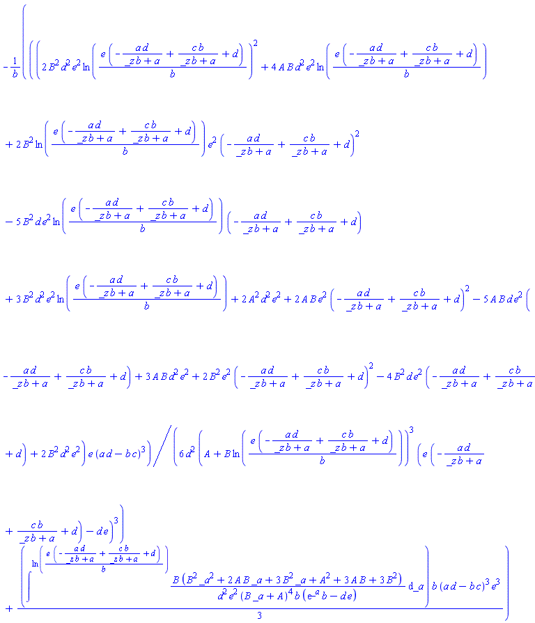 -((1/6)*(2*B^2*d^2*e^2*ln(e*(-a*d/(_z*b+a)+c*b/(_z*b+a)+d)/b)^2+4*A*B*d^2*e^2*ln(e*(-a*d/(_z*b+a)+c*b/(_z*b+a)+d)/b)+2*B^2*ln(e*(-a*d/(_z*b+a)+c*b/(_z*b+a)+d)/b)*e^2*(-a*d/(_z*b+a)+c*b/(_z*b+a)+d)^2-5*B^2*d*e^2*ln(e*(-a*d/(_z*b+a)+c*b/(_z*b+a)+d)/b)*(-a*d/(_z*b+a)+c*b/(_z*b+a)+d)+3*B^2*d^2*e^2*ln(e*(-a*d/(_z*b+a)+c*b/(_z*b+a)+d)/b)+2*A^2*d^2*e^2+2*A*B*e^2*(-a*d/(_z*b+a)+c*b/(_z*b+a)+d)^2-5*A*B*d*e^2*(-a*d/(_z*b+a)+c*b/(_z*b+a)+d)+3*A*B*d^2*e^2+2*B^2*e^2*(-a*d/(_z*b+a)+c*b/(_z*b+a)+d)^2-4*B^2*d*e^2*(-a*d/(_z*b+a)+c*b/(_z*b+a)+d)+2*B^2*d^2*e^2)*e*(a*d-b*c)^3/(d^2*(A+B*ln(e*(-a*d/(_z*b+a)+c*b/(_z*b+a)+d)/b))^3*(e*(-a*d/(_z*b+a)+c*b/(_z*b+a)+d)-d*e)^3)+(1/3)*intat(B*(B^2*_a^2+2*A*B*_a+3*B^2*_a+A^2+3*A*B+3*B^2)/(d^2*e^2*(B*_a+A)^4*b*(exp(_a)*b-d*e)), _a = ln(e*(-a*d/(_z*b+a)+c*b/(_z*b+a)+d)/b))*b*(a*d-b*c)^3*e^3)/b