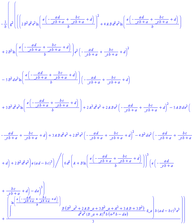-g^2*((1/6)*(2*B^2*d^2*e^2*ln(e*(-a*d/(_z*b+a)+b*c/(_z*b+a)+d)/b)^2+4*A*B*d^2*e^2*ln(e*(-a*d/(_z*b+a)+b*c/(_z*b+a)+d)/b)+2*B^2*ln(e*(-a*d/(_z*b+a)+b*c/(_z*b+a)+d)/b)*e^2*(-a*d/(_z*b+a)+b*c/(_z*b+a)+d)^2-5*B^2*d*e^2*ln(e*(-a*d/(_z*b+a)+b*c/(_z*b+a)+d)/b)*(-a*d/(_z*b+a)+b*c/(_z*b+a)+d)+3*B^2*d^2*e^2*ln(e*(-a*d/(_z*b+a)+b*c/(_z*b+a)+d)/b)+2*A^2*d^2*e^2+2*A*B*e^2*(-a*d/(_z*b+a)+b*c/(_z*b+a)+d)^2-5*A*B*d*e^2*(-a*d/(_z*b+a)+b*c/(_z*b+a)+d)+3*A*B*d^2*e^2+2*B^2*e^2*(-a*d/(_z*b+a)+b*c/(_z*b+a)+d)^2-4*B^2*d*e^2*(-a*d/(_z*b+a)+b*c/(_z*b+a)+d)+2*B^2*d^2*e^2)*e*(a*d-b*c)^3/(d^2*(A+B*ln(e*(-a*d/(_z*b+a)+b*c/(_z*b+a)+d)/b))^3*(e*(-a*d/(_z*b+a)+b*c/(_z*b+a)+d)-d*e)^3)+(1/3)*intat(B*(B^2*_a^2+2*A*B*_a+3*B^2*_a+A^2+3*A*B+3*B^2)/(d^2*e^2*(B*_a+A)^4*b*(exp(_a)*b-d*e)), _a = ln(e*(-a*d/(_z*b+a)+b*c/(_z*b+a)+d)/b))*b*(a*d-b*c)^3*e^3)/b