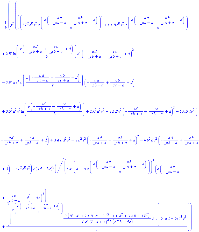 -g^2*((1/6)*(2*B^2*d^2*e^2*ln(e*(-a*d/(_z*b+a)+c*b/(_z*b+a)+d)/b)^2+4*A*B*d^2*e^2*ln(e*(-a*d/(_z*b+a)+c*b/(_z*b+a)+d)/b)+2*B^2*ln(e*(-a*d/(_z*b+a)+c*b/(_z*b+a)+d)/b)*e^2*(-a*d/(_z*b+a)+c*b/(_z*b+a)+d)^2-5*B^2*d*e^2*ln(e*(-a*d/(_z*b+a)+c*b/(_z*b+a)+d)/b)*(-a*d/(_z*b+a)+c*b/(_z*b+a)+d)+3*B^2*d^2*e^2*ln(e*(-a*d/(_z*b+a)+c*b/(_z*b+a)+d)/b)+2*A^2*d^2*e^2+2*A*B*e^2*(-a*d/(_z*b+a)+c*b/(_z*b+a)+d)^2-5*A*B*d*e^2*(-a*d/(_z*b+a)+c*b/(_z*b+a)+d)+3*A*B*d^2*e^2+2*B^2*e^2*(-a*d/(_z*b+a)+c*b/(_z*b+a)+d)^2-4*B^2*d*e^2*(-a*d/(_z*b+a)+c*b/(_z*b+a)+d)+2*B^2*d^2*e^2)*e*(a*d-b*c)^3/(d^2*(A+B*ln(e*(-a*d/(_z*b+a)+c*b/(_z*b+a)+d)/b))^3*(e*(-a*d/(_z*b+a)+c*b/(_z*b+a)+d)-d*e)^3)+(1/3)*intat(B*(B^2*_a^2+2*A*B*_a+3*B^2*_a+A^2+3*A*B+3*B^2)/(d^2*e^2*(B*_a+A)^4*b*(exp(_a)*b-d*e)), _a = ln(e*(-a*d/(_z*b+a)+c*b/(_z*b+a)+d)/b))*b*(a*d-b*c)^3*e^3)/b