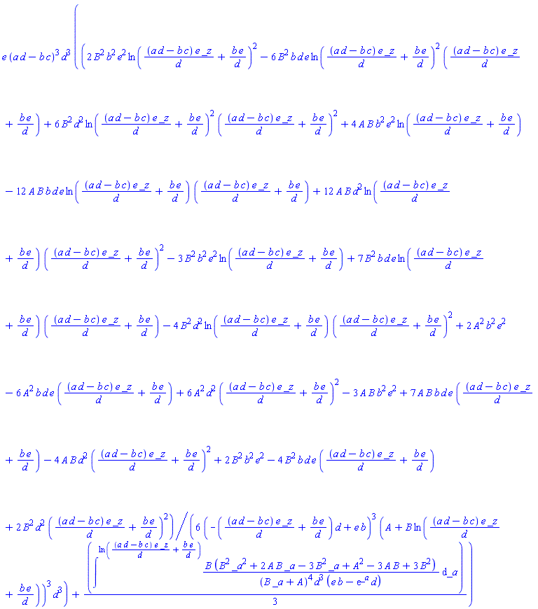 e*(a*d-b*c)^3*d^3*((1/6)*(2*B^2*b^2*e^2*ln((a*d-b*c)*e*_z/d+b*e/d)^2-6*B^2*b*d*e*ln((a*d-b*c)*e*_z/d+b*e/d)^2*((a*d-b*c)*e*_z/d+b*e/d)+6*B^2*d^2*ln((a*d-b*c)*e*_z/d+b*e/d)^2*((a*d-b*c)*e*_z/d+b*e/d)^2+4*A*B*b^2*e^2*ln((a*d-b*c)*e*_z/d+b*e/d)-12*A*B*b*d*e*ln((a*d-b*c)*e*_z/d+b*e/d)*((a*d-b*c)*e*_z/d+b*e/d)+12*A*B*d^2*ln((a*d-b*c)*e*_z/d+b*e/d)*((a*d-b*c)*e*_z/d+b*e/d)^2-3*B^2*b^2*e^2*ln((a*d-b*c)*e*_z/d+b*e/d)+7*B^2*b*d*e*ln((a*d-b*c)*e*_z/d+b*e/d)*((a*d-b*c)*e*_z/d+b*e/d)-4*B^2*d^2*ln((a*d-b*c)*e*_z/d+b*e/d)*((a*d-b*c)*e*_z/d+b*e/d)^2+2*A^2*b^2*e^2-6*A^2*b*d*e*((a*d-b*c)*e*_z/d+b*e/d)+6*A^2*d^2*((a*d-b*c)*e*_z/d+b*e/d)^2-3*A*B*b^2*e^2+7*A*B*b*d*e*((a*d-b*c)*e*_z/d+b*e/d)-4*A*B*d^2*((a*d-b*c)*e*_z/d+b*e/d)^2+2*B^2*b^2*e^2-4*B^2*b*d*e*((a*d-b*c)*e*_z/d+b*e/d)+2*B^2*d^2*((a*d-b*c)*e*_z/d+b*e/d)^2)/((-((a*d-b*c)*e*_z/d+b*e/d)*d+e*b)^3*(A+B*ln((a*d-b*c)*e*_z/d+b*e/d))^3*d^3)+(1/3)*intat(B*(B^2*_a^2+2*A*B*_a-3*B^2*_a+A^2-3*A*B+3*B^2)/((B*_a+A)^4*d^3*(e*b-exp(_a)*d)), _a = ln((a*d-b*c)*e*_z/d+b*e/d)))