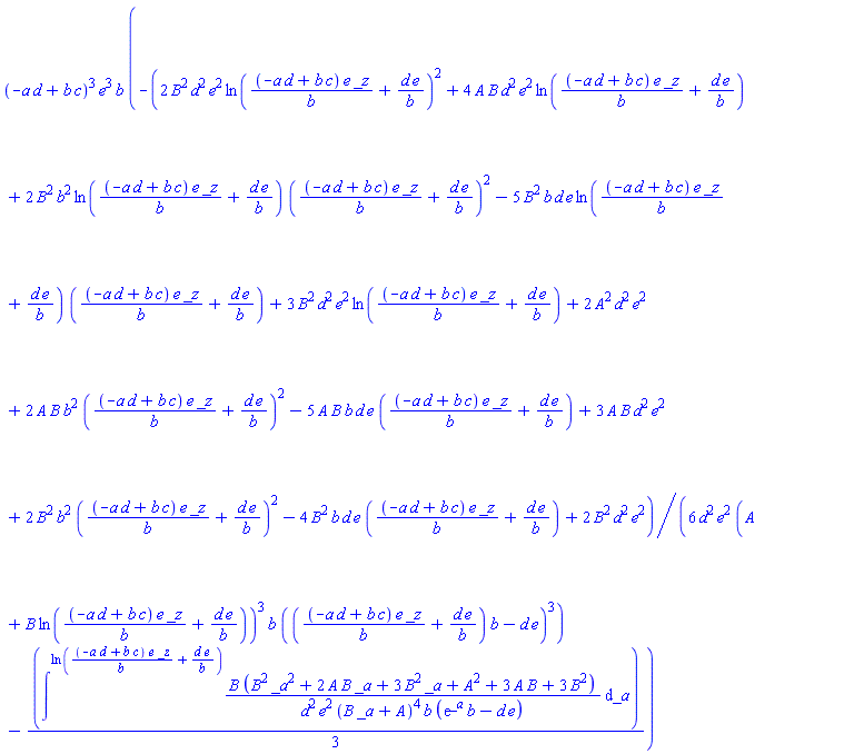 (-a*d+b*c)^3*e^3*b*(-(1/6)*(2*B^2*d^2*e^2*ln((-a*d+b*c)*e*_z/b+d*e/b)^2+4*A*B*d^2*e^2*ln((-a*d+b*c)*e*_z/b+d*e/b)+2*B^2*b^2*ln((-a*d+b*c)*e*_z/b+d*e/b)*((-a*d+b*c)*e*_z/b+d*e/b)^2-5*B^2*b*d*e*ln((-a*d+b*c)*e*_z/b+d*e/b)*((-a*d+b*c)*e*_z/b+d*e/b)+3*B^2*d^2*e^2*ln((-a*d+b*c)*e*_z/b+d*e/b)+2*A^2*d^2*e^2+2*A*B*b^2*((-a*d+b*c)*e*_z/b+d*e/b)^2-5*A*B*b*d*e*((-a*d+b*c)*e*_z/b+d*e/b)+3*A*B*d^2*e^2+2*B^2*b^2*((-a*d+b*c)*e*_z/b+d*e/b)^2-4*B^2*b*d*e*((-a*d+b*c)*e*_z/b+d*e/b)+2*B^2*d^2*e^2)/(d^2*e^2*(A+B*ln((-a*d+b*c)*e*_z/b+d*e/b))^3*b*(((-a*d+b*c)*e*_z/b+d*e/b)*b-d*e)^3)-(1/3)*intat(B*(B^2*_a^2+2*A*B*_a+3*B^2*_a+A^2+3*A*B+3*B^2)/(d^2*e^2*(B*_a+A)^4*b*(exp(_a)*b-d*e)), _a = ln((-a*d+b*c)*e*_z/b+d*e/b)))