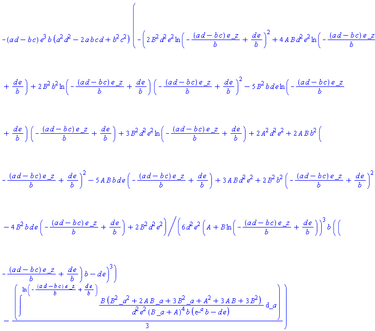 -(a*d-b*c)*e^3*b*(a^2*d^2-2*a*b*c*d+b^2*c^2)*(-(1/6)*(2*B^2*d^2*e^2*ln(-(a*d-b*c)*e*_z/b+d*e/b)^2+4*A*B*d^2*e^2*ln(-(a*d-b*c)*e*_z/b+d*e/b)+2*B^2*b^2*ln(-(a*d-b*c)*e*_z/b+d*e/b)*(-(a*d-b*c)*e*_z/b+d*e/b)^2-5*B^2*b*d*e*ln(-(a*d-b*c)*e*_z/b+d*e/b)*(-(a*d-b*c)*e*_z/b+d*e/b)+3*B^2*d^2*e^2*ln(-(a*d-b*c)*e*_z/b+d*e/b)+2*A^2*d^2*e^2+2*A*B*b^2*(-(a*d-b*c)*e*_z/b+d*e/b)^2-5*A*B*b*d*e*(-(a*d-b*c)*e*_z/b+d*e/b)+3*A*B*d^2*e^2+2*B^2*b^2*(-(a*d-b*c)*e*_z/b+d*e/b)^2-4*B^2*b*d*e*(-(a*d-b*c)*e*_z/b+d*e/b)+2*B^2*d^2*e^2)/(d^2*e^2*(A+B*ln(-(a*d-b*c)*e*_z/b+d*e/b))^3*b*((-(a*d-b*c)*e*_z/b+d*e/b)*b-d*e)^3)-(1/3)*intat(B*(B^2*_a^2+2*A*B*_a+3*B^2*_a+A^2+3*A*B+3*B^2)/(d^2*e^2*(B*_a+A)^4*b*(exp(_a)*b-d*e)), _a = ln(-(a*d-b*c)*e*_z/b+d*e/b)))