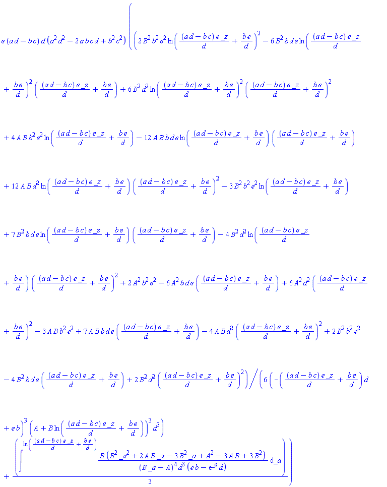 e*(a*d-b*c)*d*(a^2*d^2-2*a*b*c*d+b^2*c^2)*((1/6)*(2*B^2*b^2*e^2*ln((a*d-b*c)*e*_z/d+b*e/d)^2-6*B^2*b*d*e*ln((a*d-b*c)*e*_z/d+b*e/d)^2*((a*d-b*c)*e*_z/d+b*e/d)+6*B^2*d^2*ln((a*d-b*c)*e*_z/d+b*e/d)^2*((a*d-b*c)*e*_z/d+b*e/d)^2+4*A*B*b^2*e^2*ln((a*d-b*c)*e*_z/d+b*e/d)-12*A*B*b*d*e*ln((a*d-b*c)*e*_z/d+b*e/d)*((a*d-b*c)*e*_z/d+b*e/d)+12*A*B*d^2*ln((a*d-b*c)*e*_z/d+b*e/d)*((a*d-b*c)*e*_z/d+b*e/d)^2-3*B^2*b^2*e^2*ln((a*d-b*c)*e*_z/d+b*e/d)+7*B^2*b*d*e*ln((a*d-b*c)*e*_z/d+b*e/d)*((a*d-b*c)*e*_z/d+b*e/d)-4*B^2*d^2*ln((a*d-b*c)*e*_z/d+b*e/d)*((a*d-b*c)*e*_z/d+b*e/d)^2+2*A^2*b^2*e^2-6*A^2*b*d*e*((a*d-b*c)*e*_z/d+b*e/d)+6*A^2*d^2*((a*d-b*c)*e*_z/d+b*e/d)^2-3*A*B*b^2*e^2+7*A*B*b*d*e*((a*d-b*c)*e*_z/d+b*e/d)-4*A*B*d^2*((a*d-b*c)*e*_z/d+b*e/d)^2+2*B^2*b^2*e^2-4*B^2*b*d*e*((a*d-b*c)*e*_z/d+b*e/d)+2*B^2*d^2*((a*d-b*c)*e*_z/d+b*e/d)^2)/((-((a*d-b*c)*e*_z/d+b*e/d)*d+e*b)^3*(A+B*ln((a*d-b*c)*e*_z/d+b*e/d))^3*d^3)+(1/3)*intat(B*(B^2*_a^2+2*A*B*_a-3*B^2*_a+A^2-3*A*B+3*B^2)/((B*_a+A)^4*d^3*(e*b-exp(_a)*d)), _a = ln((a*d-b*c)*e*_z/d+b*e/d)))
