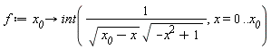 f := proc (x__0) options operator, arrow; int(1/(sqrt(x__0-x)*sqrt(-x^2+1)), x = 0 .. x__0) end proc