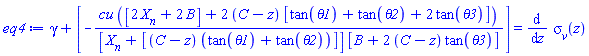 gamma+[-cu*([2*X__n+2*B]+2*(C-z)*[tan(theta1)+tan(theta2)+2*tan(theta3)])/([X__n+[(C-z)*(tan(theta1)+tan(theta2))]]*[B+2*(C-z)*tan(theta3)])] = diff(sigma__v(z), z)