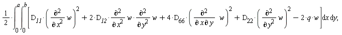 (1/2)*(int(int([D__11*(diff(w, x, x))^2+2*D__12*(diff(w, x, x))*(diff(w, y, y))+4*D[66]*(diff(w, x, y))^2+D[22]*(diff(w, y, y))^2-2*q*w], x = 0 .. b), y = 0 .. a))