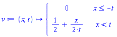 v := proc (x, t) options operator, arrow; piecewise(x <= -t, 0, x < t, 1/2+(1/2)*x/t) end proc