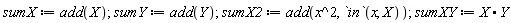 sumX := add(X); sumY := add(Y); sumX2 := add(x^2, `in`(x, X)); sumXY := X.Y