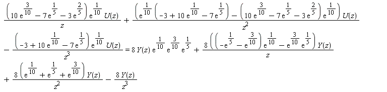 (10*exp(3/10)-7*exp(1/5)-3*exp(2/5))*exp(1/10)*U(z)/z+(exp(1/10)*(-3+10*exp(1/10)-7*exp(1/5))-(10*exp(3/10)-7*exp(1/5)-3*exp(2/5))*exp(1/10))*U(z)/z^2-(-3+10*exp(1/10)-7*exp(1/5))*exp(1/10)*U(z)/z^3 = 8*Y(z)*exp(1/10)*exp(3/10)*exp(1/5)+(8*((-exp(1/5)-exp(3/10))*exp(1/10)-exp(3/10)*exp(1/5)))*Y(z)/z+(8*(exp(1/10)+exp(1/5)+exp(3/10)))*Y(z)/z^2-8*Y(z)/z^3