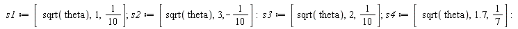 s1 := [sqrt(theta), 1, 1/10]; s2 := [sqrt(theta), 3, -1/10]; s3 := [sqrt(theta), 2, 1/10]; s4 := [sqrt(theta), 1.7, 1/7]