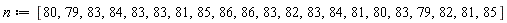 n := [80, 79, 83, 84, 83, 83, 81, 85, 86, 86, 83, 82, 83, 84, 81, 80, 83, 79, 82, 81, 85]