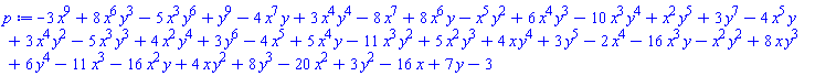 -3*x^9+8*x^6*y^3-5*x^3*y^6+y^9-4*x^7*y+3*x^4*y^4-8*x^7+8*x^6*y-x^5*y^2+6*x^4*y^3-10*x^3*y^4+x^2*y^5+3*y^7-4*x^5*y+3*x^4*y^2-5*x^3*y^3+4*x^2*y^4+3*y^6-4*x^5+5*x^4*y-11*x^3*y^2+5*x^2*y^3+4*x*y^4+3*y^5-2*x^4-16*x^3*y-x^2*y^2+8*x*y^3+6*y^4-11*x^3-16*x^2*y+4*x*y^2+8*y^3-20*x^2+3*y^2-16*x+7*y-3