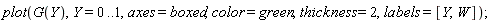 plot(G(Y), Y = 0 .. 1, axes = boxed, color = green, thickness = 2, labels = [Y, W])