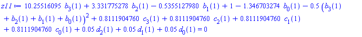 10.25516095*b[3](1)+3.331775278*b[2](1)-.5355127980*b[1](1)+1-1.346703274*b[0](1)-.5*(b[3](1)+b[2](1)+b[1](1)+b[0](1))^2+.8111904760*c[3](1)+.8111904760*c[2](1)+.8111904760*c[1](1)+.8111904760*c[0](1)+0.5e-1*d[2](1)+0.5e-1*d[1](1)+0.5e-1*d[0](1) = 0