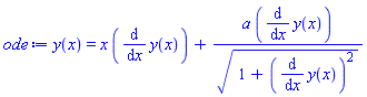 y(x) = x*(diff(y(x), x))+a*(diff(y(x), x))/(1+(diff(y(x), x))^2)^(1/2)