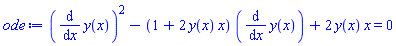 (diff(y(x), x))^2-(1+2*y(x)*x)*(diff(y(x), x))+2*y(x)*x = 0