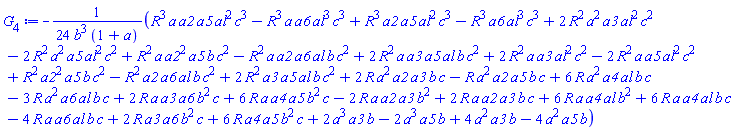 -(1/24)*(R^3*a*a2*a5*al^2*c^3-R^3*a*a6*al^3*c^3+R^3*a2*a5*al^2*c^3-R^3*a6*al^3*c^3+2*R^2*a^2*a3*al^2*c^2-2*R^2*a^2*a5*al^2*c^2+R^2*a*a2^2*a5*b*c^2-R^2*a*a2*a6*al*b*c^2+2*R^2*a*a3*a5*al*b*c^2+2*R^2*a*a3*al^2*c^2-2*R^2*a*a5*al^2*c^2+R^2*a2^2*a5*b*c^2-R^2*a2*a6*al*b*c^2+2*R^2*a3*a5*al*b*c^2+2*R*a^2*a2*a3*b*c-R*a^2*a2*a5*b*c+6*R*a^2*a4*al*b*c-3*R*a^2*a6*al*b*c+2*R*a*a3*a6*b^2*c+6*R*a*a4*a5*b^2*c-2*R*a*a2*a3*b^2+2*R*a*a2*a3*b*c+6*R*a*a4*al*b^2+6*R*a*a4*al*b*c-4*R*a*a6*al*b*c+2*R*a3*a6*b^2*c+6*R*a4*a5*b^2*c+2*a^3*a3*b-2*a^3*a5*b+4*a^2*a3*b-4*a^2*a5*b)/(b^3*(1+a))