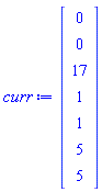 Vector(7, {(1) = 0, (2) = 0, (3) = 17, (4) = 1, (5) = 1, (6) = 5, (7) = 5})
