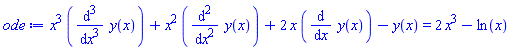 x^3*(diff(diff(diff(y(x), x), x), x))+x^2*(diff(diff(y(x), x), x))+2*x*(diff(y(x), x))-y(x) = 2*x^3-ln(x)