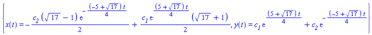 {x(t) = -(1/2)*c__2*(17^(1/2)-1)*exp(-(1/4)*(-5+17^(1/2))*t)+(1/2)*c__1*exp((1/4)*(5+17^(1/2))*t)*(17^(1/2)+1), y(t) = c__1*exp((1/4)*(5+17^(1/2))*t)+c__2*exp(-(1/4)*(-5+17^(1/2))*t)}