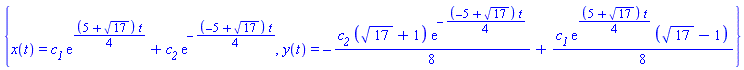 {x(t) = c__1*exp((1/4)*(5+17^(1/2))*t)+c__2*exp(-(1/4)*(-5+17^(1/2))*t), y(t) = -(1/8)*c__2*(17^(1/2)+1)*exp(-(1/4)*(-5+17^(1/2))*t)+(1/8)*c__1*exp((1/4)*(5+17^(1/2))*t)*(17^(1/2)-1)}