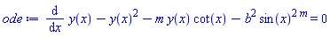 diff(y(x), x)-y(x)^2-m*y(x)*cot(x)-b^2*sin(x)^(2*m) = 0
