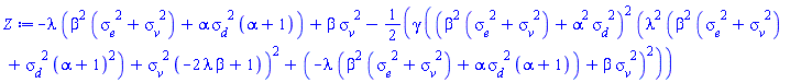 -lambda*(beta^2*(sigma__e^2+sigma__v^2)+alpha*sigma__d^2*(alpha+1))+beta*sigma__v^2-(1/2)*gamma*((beta^2*(sigma__e^2+sigma__v^2)+alpha^2*sigma__d^2)^2*(lambda^2*(beta^2*(sigma__e^2+sigma__v^2)+sigma__d^2*(alpha+1)^2)+sigma__v^2*(-2*beta*lambda+1))^2+(-lambda*(beta^2*(sigma__e^2+sigma__v^2)+alpha*sigma__d^2*(alpha+1))+beta*sigma__v^2)^2)