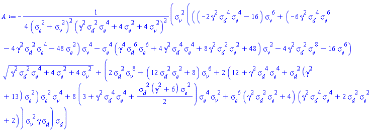 -(1/4)*sigma__v^2*(((-2*gamma^2*sigma__d^4*sigma__e^4-16)*sigma__v^6+(-6*gamma^2*sigma__d^4*sigma__e^6-4*gamma^2*sigma__d^2*sigma__e^4-48*sigma__e^2)*sigma__v^4-sigma__e^4*(gamma^4*sigma__d^6*sigma__e^6+4*gamma^2*sigma__d^4*sigma__e^4+8*gamma^2*sigma__d^2*sigma__e^2+48)*sigma__v^2-4*gamma^2*sigma__d^2*sigma__e^8-16*sigma__e^6)*(gamma^2*sigma__d^2*sigma__e^4+4*sigma__e^2+4*sigma__v^2)^(1/2)+(2*sigma__d^2*sigma__v^8+(12*sigma__d^2*sigma__e^2+8)*sigma__v^6+2*(12+gamma^2*sigma__d^4*sigma__e^4+sigma__d^2*(gamma^2+13)*sigma__e^2)*sigma__e^2*sigma__v^4+8*(3+gamma^2*sigma__d^4*sigma__e^4+(1/2)*sigma__d^2*(gamma^2+6)*sigma__e^2)*sigma__e^4*sigma__v^2+sigma__e^6*(gamma^2*sigma__d^2*sigma__e^2+4)*(gamma^2*sigma__d^4*sigma__e^4+2*sigma__d^2*sigma__e^2+2))*sigma__v^2*gamma*sigma__d)*sigma__d/((sigma__e^2+sigma__v^2)^2*(gamma^2*sigma__d^2*sigma__e^4+4*sigma__e^2+4*sigma__v^2)^2)