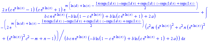 2*x*(c*exp(n*ln(x))-1)*(c*exp(n*ln(x))+1)*exp(m*(ln(d)+ln(x)-((1/2)*I)*Pi*csgn(I*d*x)*(-csgn(I*d*x)+csgn(I*d))*(-csgn(I*d*x)+csgn(I*x))))/(b*c*n*exp(n*ln(x))*(-b*ln(1-c*exp(n*ln(x)))+b*ln(c*exp(n*ln(x))+1)+2*a))+int(-2*exp(m*(ln(d)+ln(x)-((1/2)*I)*Pi*csgn(I*d*x)*(-csgn(I*d*x)+csgn(I*d))*(-csgn(I*d*x)+csgn(I*x))))*(c^2*m*(exp(n*ln(x)))^2+c^2*n*(exp(n*ln(x)))^2+(exp(n*ln(x)))^2*c^2-m+n-1)/(b*c*n*exp(n*ln(x))*(-b*ln(1-c*exp(n*ln(x)))+b*ln(c*exp(n*ln(x))+1)+2*a)), x)