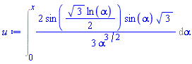 Int((2/3)*sin((1/2)*3^(1/2)*ln(alpha))*sin(alpha)*3^(1/2)/alpha^(3/2), alpha = 0 .. x)