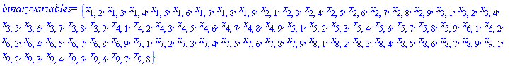 binaryvariables = {x[1, 2], x[1, 3], x[1, 4], x[1, 5], x[1, 6], x[1, 7], x[1, 8], x[1, 9], x[2, 1], x[2, 3], x[2, 4], x[2, 5], x[2, 6], x[2, 7], x[2, 8], x[2, 9], x[3, 1], x[3, 2], x[3, 4], x[3, 5], x[3, 6], x[3, 7], x[3, 8], x[3, 9], x[4, 1], x[4, 2], x[4, 3], x[4, 5], x[4, 6], x[4, 7], x[4, 8], x[4, 9], x[5, 1], x[5, 2], x[5, 3], x[5, 4], x[5, 6], x[5, 7], x[5, 8], x[5, 9], x[6, 1], x[6, 2], x[6, 3], x[6, 4], x[6, 5], x[6, 7], x[6, 8], x[6, 9], x[7, 1], x[7, 2], x[7, 3], x[7, 4], x[7, 5], x[7, 6], x[7, 8], x[7, 9], x[8, 1], x[8, 2], x[8, 3], x[8, 4], x[8, 5], x[8, 6], x[8, 7], x[8, 9], x[9, 1], x[9, 2], x[9, 3], x[9, 4], x[9, 5], x[9, 6], x[9, 7], x[9, 8]}