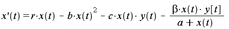 (D(x))(t) = r*x(t)-b*x(t)^2-c*x(t)*y(t)-beta*x(t)*y[t]/(a+x(t))