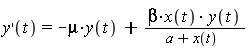 (D(y))(t) = -mu*y(t)+beta*x(t)*y(t)/(a+x(t))