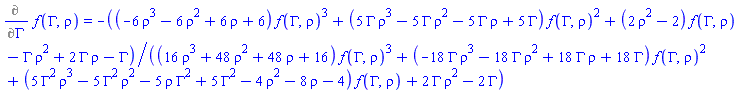 Diff(f(Gamma, rho), Gamma) = -((-6*rho^3-6*rho^2+6*rho+6)*f(Gamma, rho)^3+(5*Gamma*rho^3-5*Gamma*rho^2-5*Gamma*rho+5*Gamma)*f(Gamma, rho)^2+(2*rho^2-2)*f(Gamma, rho)-Gamma*rho^2+2*Gamma*rho-Gamma)/((16*rho^3+48*rho^2+48*rho+16)*f(Gamma, rho)^3+(-18*Gamma*rho^3-18*Gamma*rho^2+18*Gamma*rho+18*Gamma)*f(Gamma, rho)^2+(5*Gamma^2*rho^3-5*Gamma^2*rho^2-5*Gamma^2*rho+5*Gamma^2-4*rho^2-8*rho-4)*f(Gamma, rho)+2*Gamma*rho^2-2*Gamma)