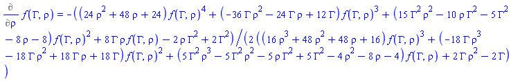 Diff(f(Gamma, rho), rho) = -(1/2)*((24*rho^2+48*rho+24)*f(Gamma, rho)^4+(-36*Gamma*rho^2-24*Gamma*rho+12*Gamma)*f(Gamma, rho)^3+(15*Gamma^2*rho^2-10*Gamma^2*rho-5*Gamma^2-8*rho-8)*f(Gamma, rho)^2+8*Gamma*rho*f(Gamma, rho)-2*rho*Gamma^2+2*Gamma^2)/((16*rho^3+48*rho^2+48*rho+16)*f(Gamma, rho)^3+(-18*Gamma*rho^3-18*Gamma*rho^2+18*Gamma*rho+18*Gamma)*f(Gamma, rho)^2+(5*Gamma^2*rho^3-5*Gamma^2*rho^2-5*Gamma^2*rho+5*Gamma^2-4*rho^2-8*rho-4)*f(Gamma, rho)+2*Gamma*rho^2-2*Gamma)