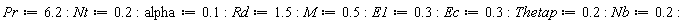 Pr := 6.2; Nt := .2; alpha := .1; Rd := 1.5; M := .5; E1 := .3; Ec := .3; Thetap := .2; Nb := .2