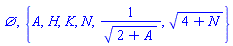 {}, {A, H, K, N, 1/(2+A)^(1/2), (4+N)^(1/2)}