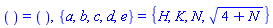 () = (), {a, b, c, d, e} = {H, K, N, (4+N)^(1/2)}