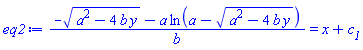 (-(a^2-4*b*y)^(1/2)-a*ln(a-(a^2-4*b*y)^(1/2)))/b = x+c__1