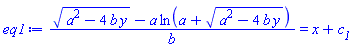 ((a^2-4*b*y)^(1/2)-a*ln(a+(a^2-4*b*y)^(1/2)))/b = x+c__1