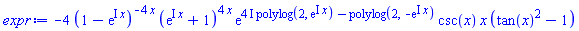 -4*(1-exp(I*x))^(-4*x)*(exp(I*x)+1)^(4*x)*exp((4*I)*polylog(2, exp(I*x))-polylog(2, -exp(I*x)))*csc(x)*x*(tan(x)^2-1)