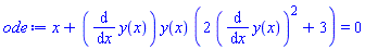 x+(diff(y(x), x))*y(x)*(2*(diff(y(x), x))^2+3) = 0
