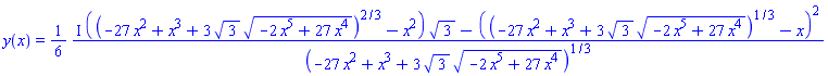 y(x) = (1/6)*(I*((-27*x^2+x^3+3*3^(1/2)*(-2*x^5+27*x^4)^(1/2))^(2/3)-x^2)*3^(1/2)-((-27*x^2+x^3+3*3^(1/2)*(-2*x^5+27*x^4)^(1/2))^(1/3)-x)^2)/(-27*x^2+x^3+3*3^(1/2)*(-2*x^5+27*x^4)^(1/2))^(1/3)