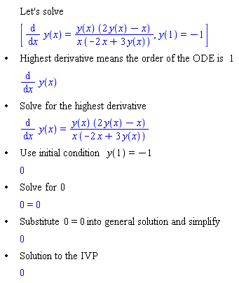 "[[,,"Let's solve"],[,,[(&DifferentialD;)/(&DifferentialD;x) y(x)=(y(x) (2 y(x)-x))/(x (-2 x+3 y(x))),y(1)=-1]],["&bullet;",,"Highest derivative means the order of the ODE is" 1],[,,(&DifferentialD;)/(&DifferentialD;x) y(x)],["&bullet;",,"Solve for the highest derivative"],[,,(&DifferentialD;)/(&DifferentialD;x) y(x)=(y(x) (2 y(x)-x))/(x (-2 x+3 y(x)))],["&bullet;",,"Use initial condition" y(1)=-1],[,,0],["&bullet;",,"Solve for" 0],[,,0=0],["&bullet;",,"Substitute" 0=0 "into general solution and simplify"],[,,0],["&bullet;",,"Solution to the IVP"],[,,0]]"