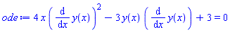 4*x*(diff(y(x), x))^2-3*y(x)*(diff(y(x), x))+3 = 0