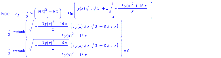 ln(x)-c__1-(1/2)*ln((y(x)^2-6*x)/x)-3*ln((y(x)*x^(1/2)*3^(1/2)+x*(-(-3*y(x)^2+16*x)/x)^(1/2))/x)+(1/2)*arctanh((-(-3*y(x)^2+16*x)/x)^(1/2)*(3*y(x)*x^(1/2)*3^(1/2)-8*2^(1/2)*x)/(3*y(x)^2-16*x))+(1/2)*arctanh((-(-3*y(x)^2+16*x)/x)^(1/2)*(3*y(x)*x^(1/2)*3^(1/2)+8*2^(1/2)*x)/(3*y(x)^2-16*x)) = 0
