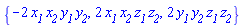 {-2*x__1*x__2*y__1*y__2, 2*x__1*x__2*z__1*z__2, 2*y__1*y__2*z__1*z__2}
