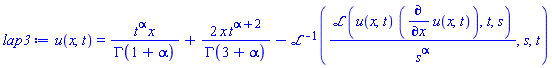 u(x, t) = t^alpha*x/GAMMA(1+alpha)+2*x*t^(alpha+2)/GAMMA(3+alpha)-invlaplace(laplace(u(x, t)*(diff(u(x, t), x)), t, s)/s^alpha, s, t)