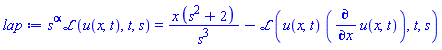 s^alpha*laplace(u(x, t), t, s) = x*(s^2+2)/s^3-laplace(u(x, t)*(diff(u(x, t), x)), t, s)